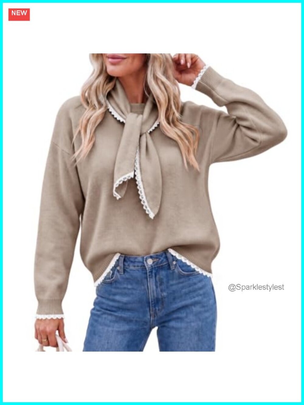 Womens Scarf Collar Sweater Pullover Lace Trim Long Sleeve Fitted Knit Top
